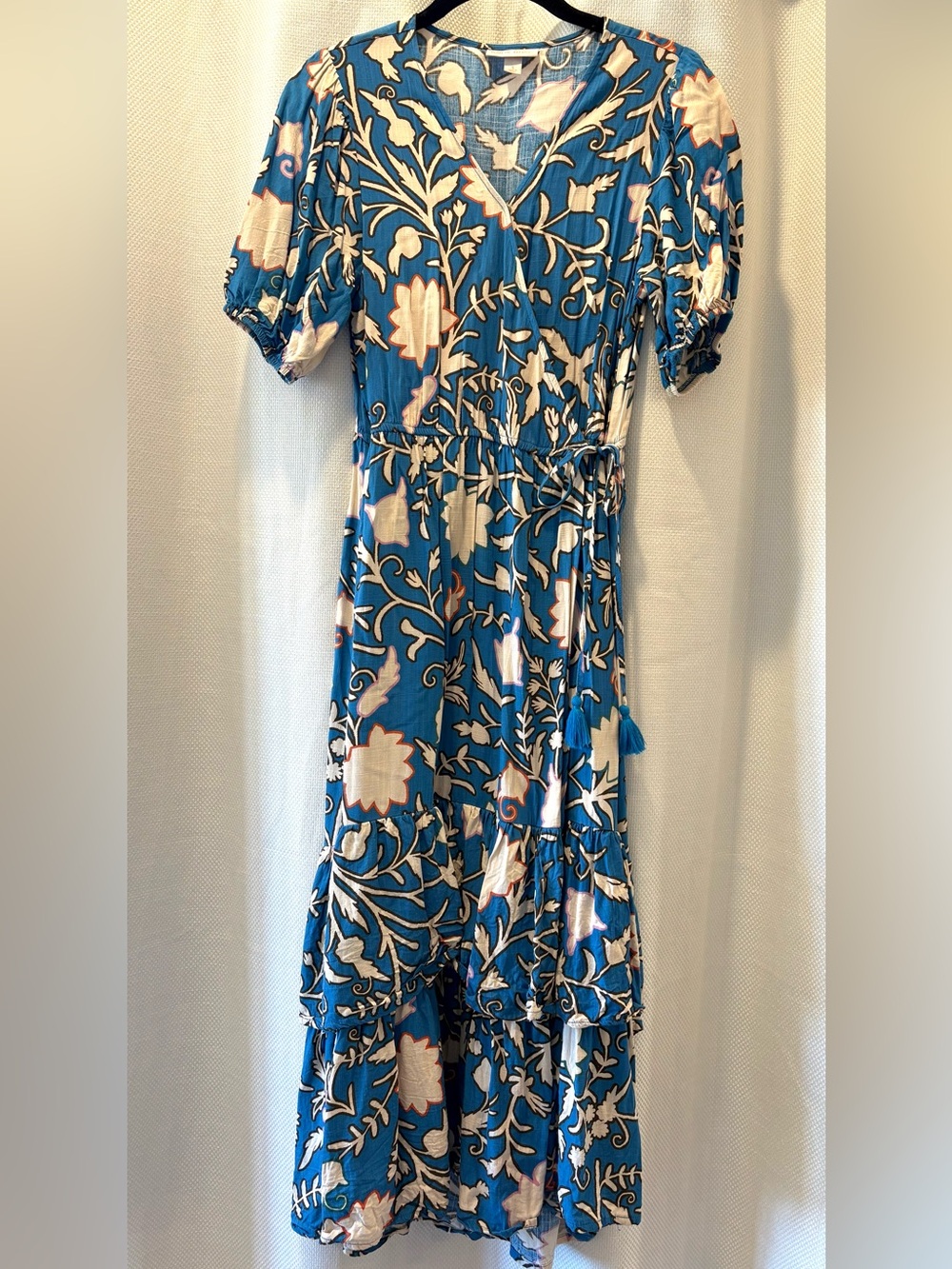 Knox Rose Blue Floral Maxi tiered wrap pocket dress - S